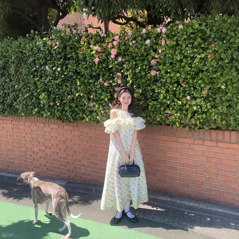 Dry Crane Style Spring and Summer Casual French Style Retro Fashionable Sweet Open Shoulder dress Lightweight Comfortable Fluffy Long Dress