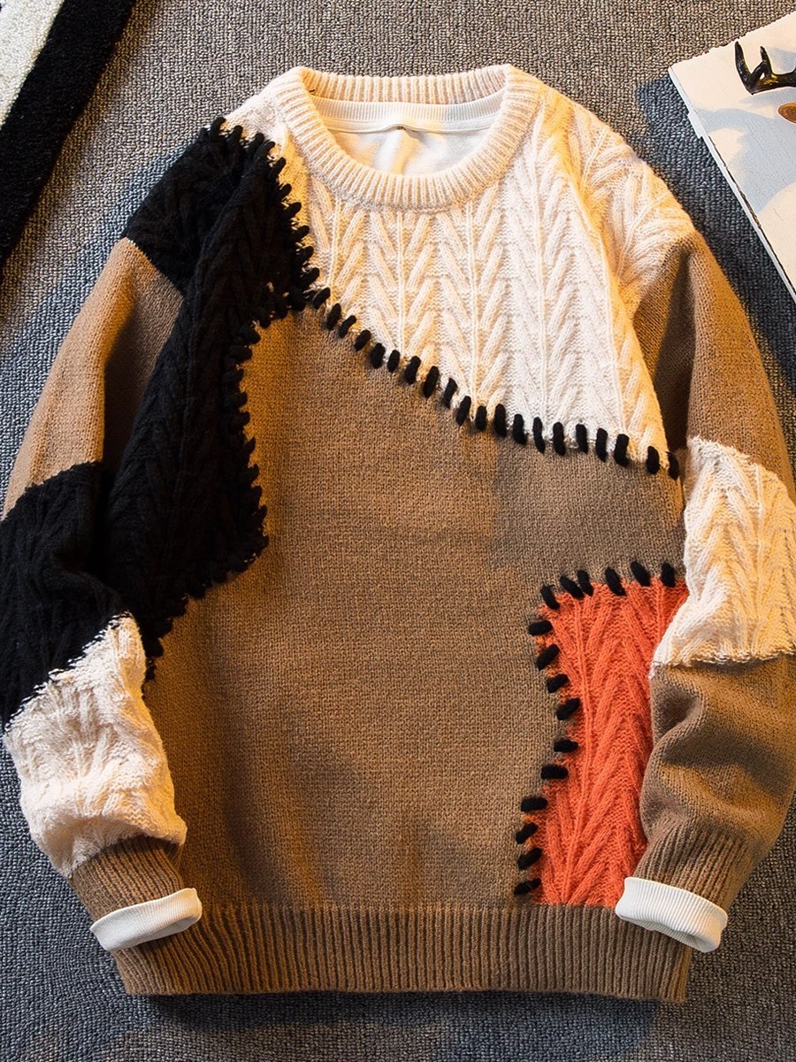 Costuras japonesas, contraste de color, moda, comercio exterior, pedidos japoneses, RC otoño e invierno, nuevos productos, suéter de punto de longitud media, oversize