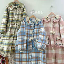 森系绣花娃娃领学院风格子加厚毛呢外套宽松中长款羊毛呢子大衣冬