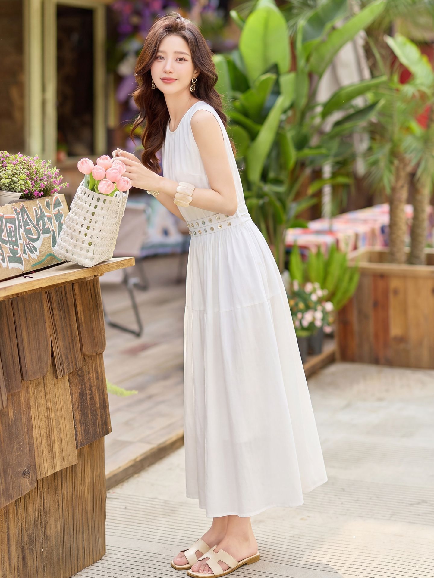 Đầm suông nữ midi không tay dáng rộng dài quá gối MJ5611 — màu trắng, xanh lá cây, màu vàng