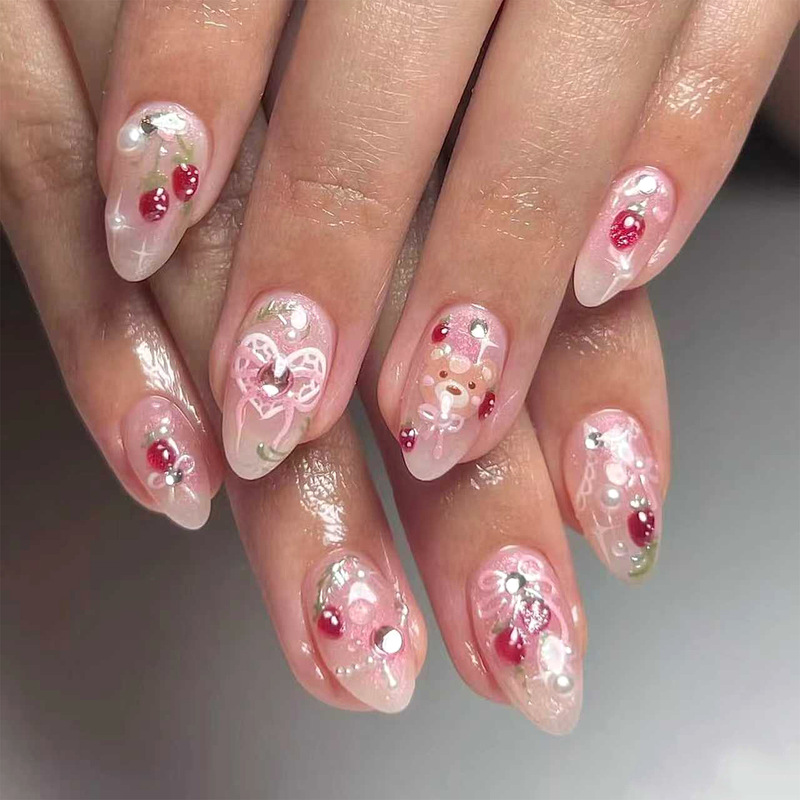 30 Pieces of Cross-Border Hot-Selling 3D Short Almond-Shaped Sweet Painted Strawberry Bear Heart Pearl Handmade Rhinestone Nail Art Tips 30 Pieces of Cross-Border Hot-Selling 3D Short Almond-Shaped Sweet Painted Strawberry Bear Heart Pearl Handmade Rhinestone Nail Art Tips