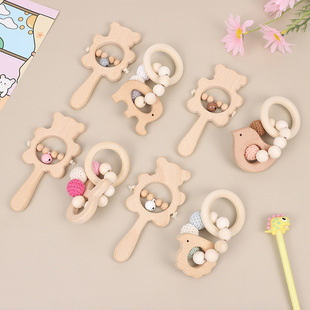 Customized Bear Rattle Baby Teething Bracelet Beech Wood Hand-Beaded Cartoon Hand Rattle Kidsren's Toy Two-Piece Set