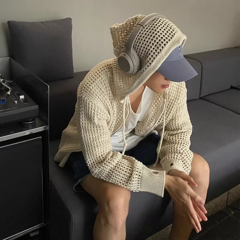 Men's Casual Hollow Out Jacket Breathable Cardigan Sweater Summer Lightweight Hooded Knitted Top Korean Style Trendy Clothing