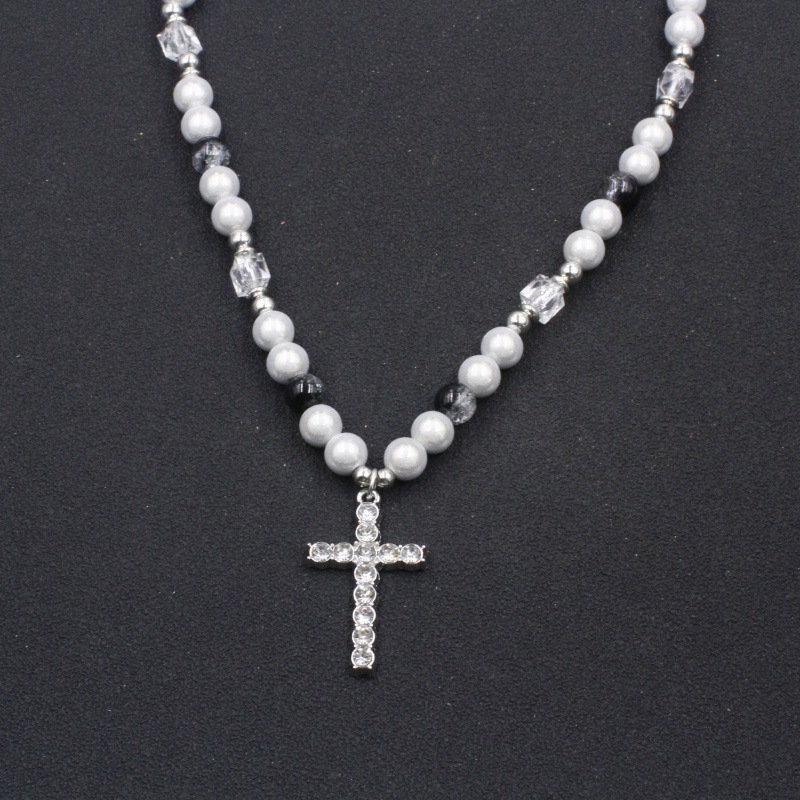 Halskette aus Titanstahl mit reflektierenden Perlen und Kreuzmuster im Schlüsselbein-Stil, Herren- und Damen-Pulloverkette im Hip-Hop-Stil_voghion.com