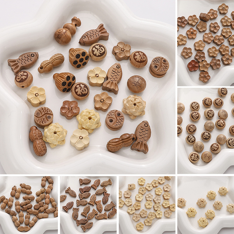 Guofengwen juega Ping An Fu cuentas de madera hechas a mano DIY colgantes de cuentas de cadena de material de teléfono móvil accesorios de cuentas a granel