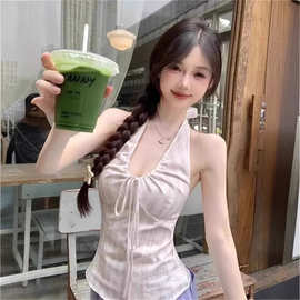 设计感小众蕾丝条纹挂脖绑带无袖上衣夏季新款修身莫代尔内搭背心