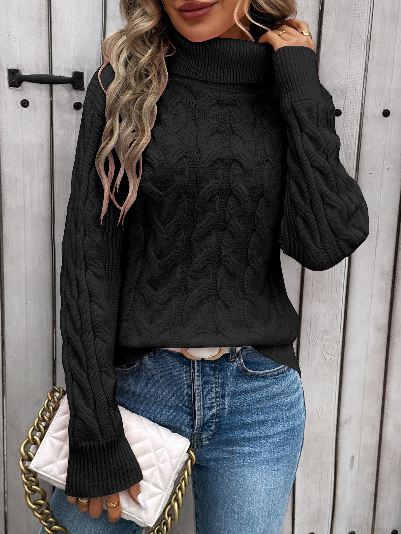 Suéter de punto trenzado de color sólido para mujer, estilo europeo y americano, otoño/invierno, cuello alto, manga larga, grueso, hecho a medida.