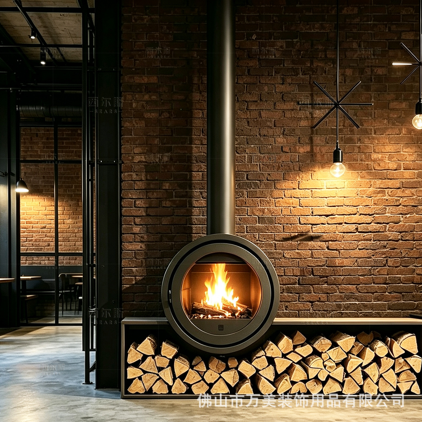 Suspended wood-burning fireplace, round panoramic view, real fire, industrial style, suitable for home, homestay, and club decoration