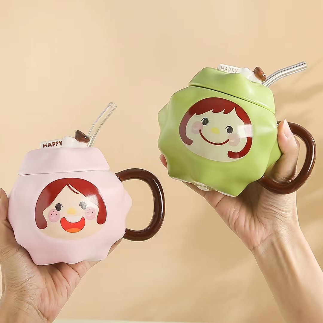 Creativo lindo Durian taza chica paja taza de agua personalidad de alto aspecto taza de desayuno de cerámica taza de oficina