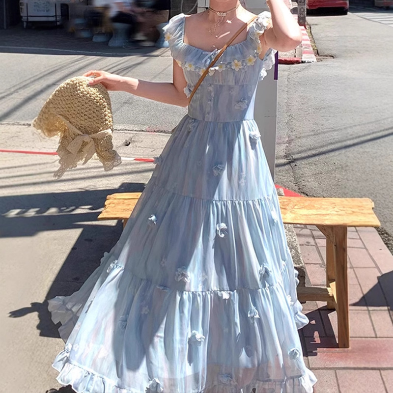 Blue Long Chiffon Printed Flying Sleeve Sling dress Women's Spring French Sweet Slimming Skirt Blue Long Chiffon Printed Flying Sleeve Sling dress Women's Spring French Sweet Slimming Skirt