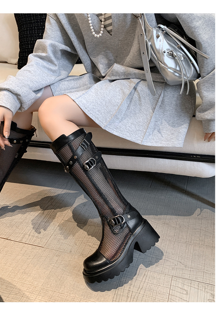Boot nữ cổ cao lưới xuyên thấu đinh tán đế dày da thật — Ống rộng trắng kem, Ống rộng đen, Ống tiêu chuẩn trắng kem, Ống tiêu chuẩn đen chi tiết 24