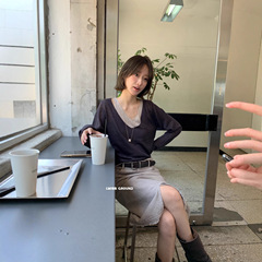 imiss 韩系假两件V领百搭通勤2025秋款舒适休闲女上衣冰丝针织衫
