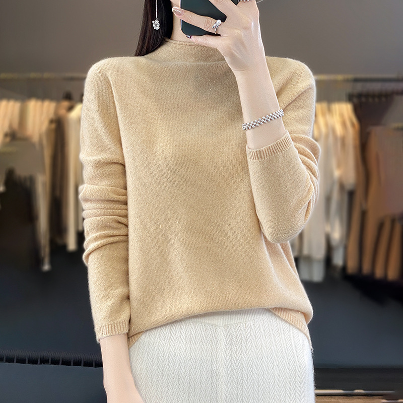First-line Ready-made Wool Sweater For Women Curled Half-high Collar Loose Wool Knitted Sweater Bottom Sequined Sweater Top
