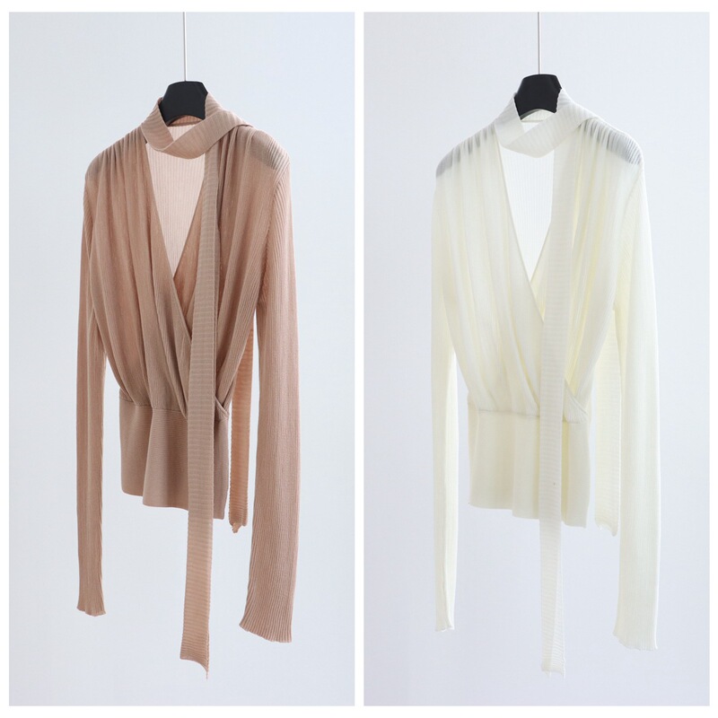 Overlapping V-neck Tencel Lyocell Ribbon Knit Sweater, Long Sleeve, Early Autumn 2026, Waist-Cinched, Casual Chic Top, French Style Overlapping V-neck Tencel Lyocell Ribbon Knit Sweater, Long Sleeve, Early Autumn 2026, Waist-Cinched, Casual Chic Top, French Style