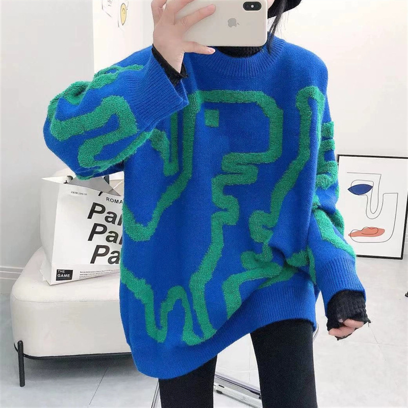 欧洲站撞色卡通恐龙宽松版毛衣女秋冬装圆领长袖中长款针织打底衫