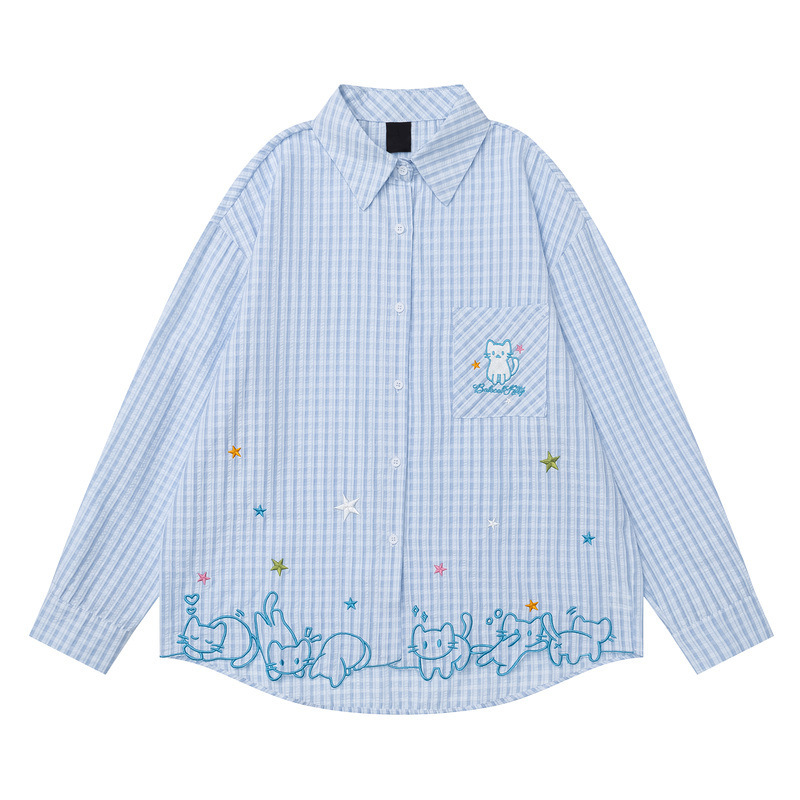 Light blue fine check loose long-sleeve shirt with cute cat and colorful star embroidery, turn-down collar, single pocket, casual women's style