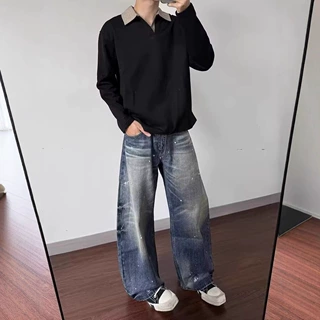 大码美式复古水洗泼墨弯刀牛仔裤男2025新款宽松百搭垂感阔腿长裤
