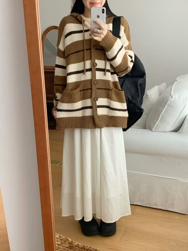 美式学院风条纹撞色连帽毛衣女秋冬新款宽松慵懒长袖针织帽衫外搭|undefined