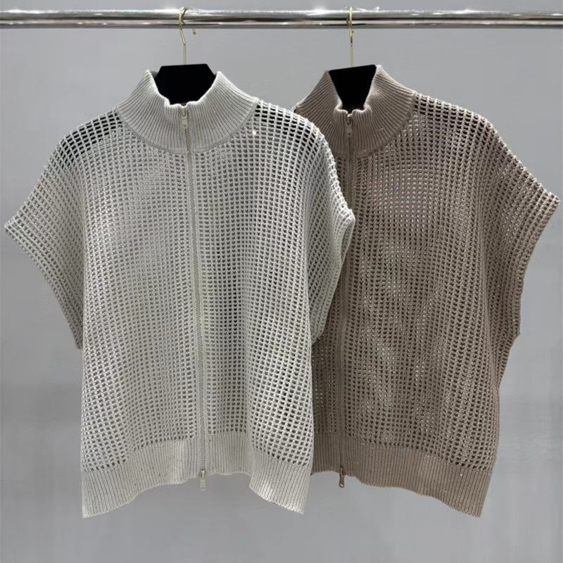 Bc26 Spring and Summer New High-Neck Cotton Shiny Mesh Knitted Cardigan Summer Sun Protection Cut Out Short-Sleeved Zipper Top