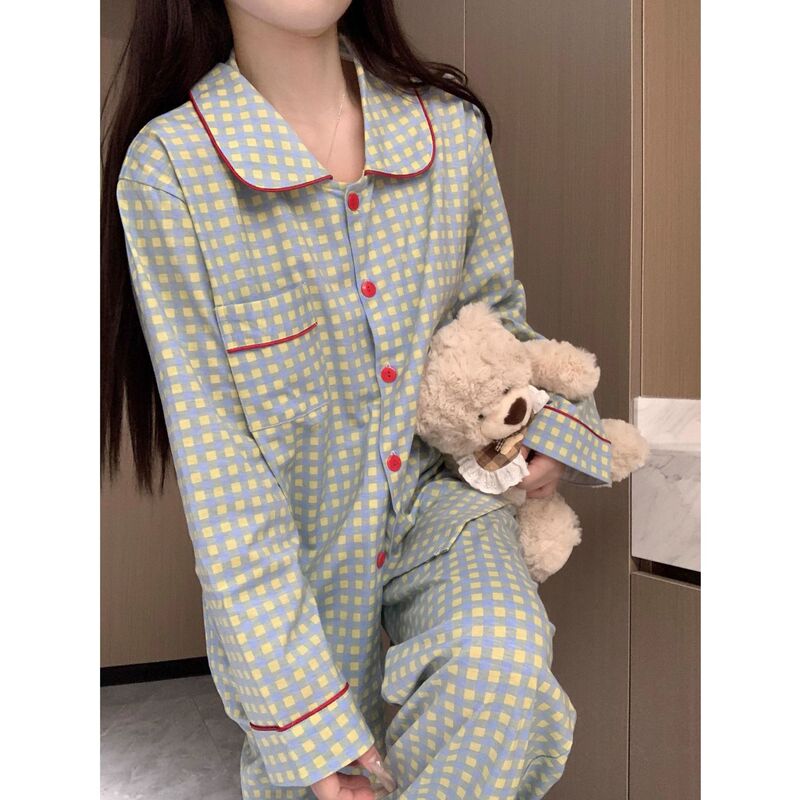 韩版格子公主风睡衣女春秋季长袖套装可爱跨境家居服高级感可外穿|undefined