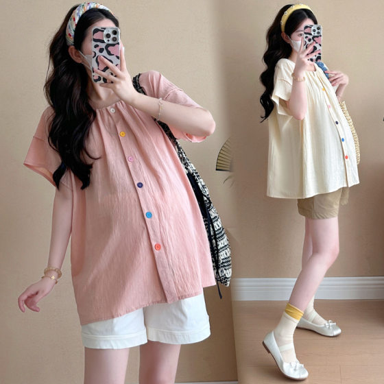 Pregnant Women Cotton Half Sleeve Shirt Top Summer 2025 New Loose plus size Maternity Cardigan Doll Shirt Shirt