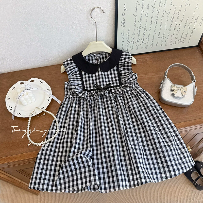 Новая летняя стильная черно-белая клетчатая юбка без рукавов для девочек, повседневное модное платье в корейском стиле для маленьких девочек
