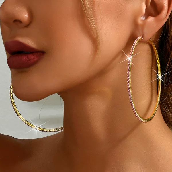 Cross-border Explosions Large Ear Ring Exaggerated Earrings European and American Round Powder Single Row Rhinestone Geometric Full Drill Ring Earrings for Women