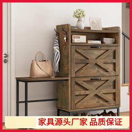 乡村复古鞋柜玄关入口走廊简易鞋柜带换鞋凳的鞋柜配2个翻斗抽屉