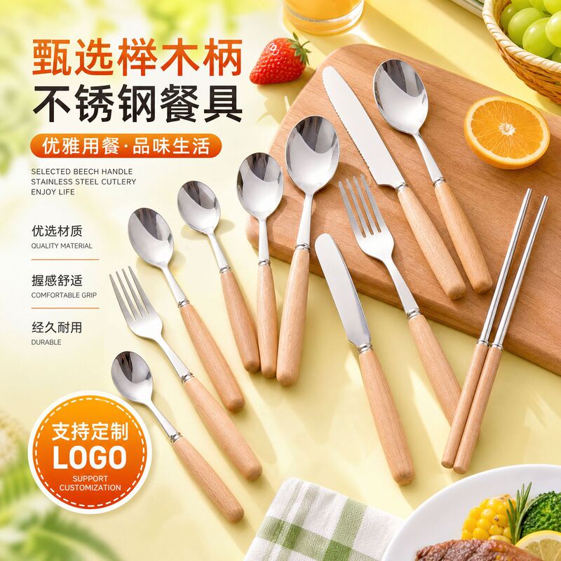 Stainless Steel Cutlery with Beech Wood Handles, Thickened Fruit Forks, Mixing Spoons, Household Full Set with Custom Logo