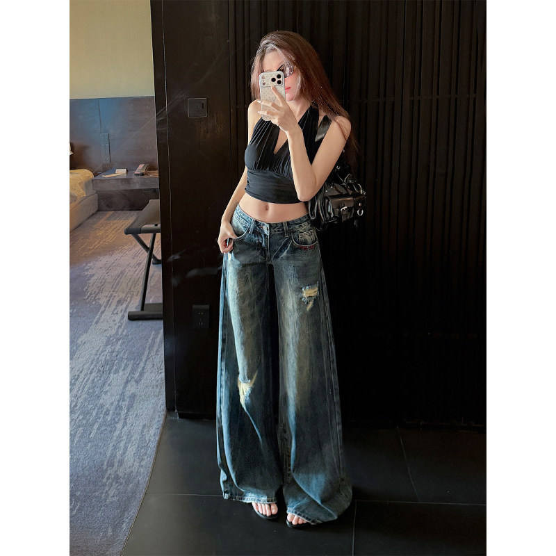 American-Style Wide-Leg Ripped Jeans for Women, Summer 2026 New High-Waisted Loose Straight-Leg Slimming Floor-Length Pants