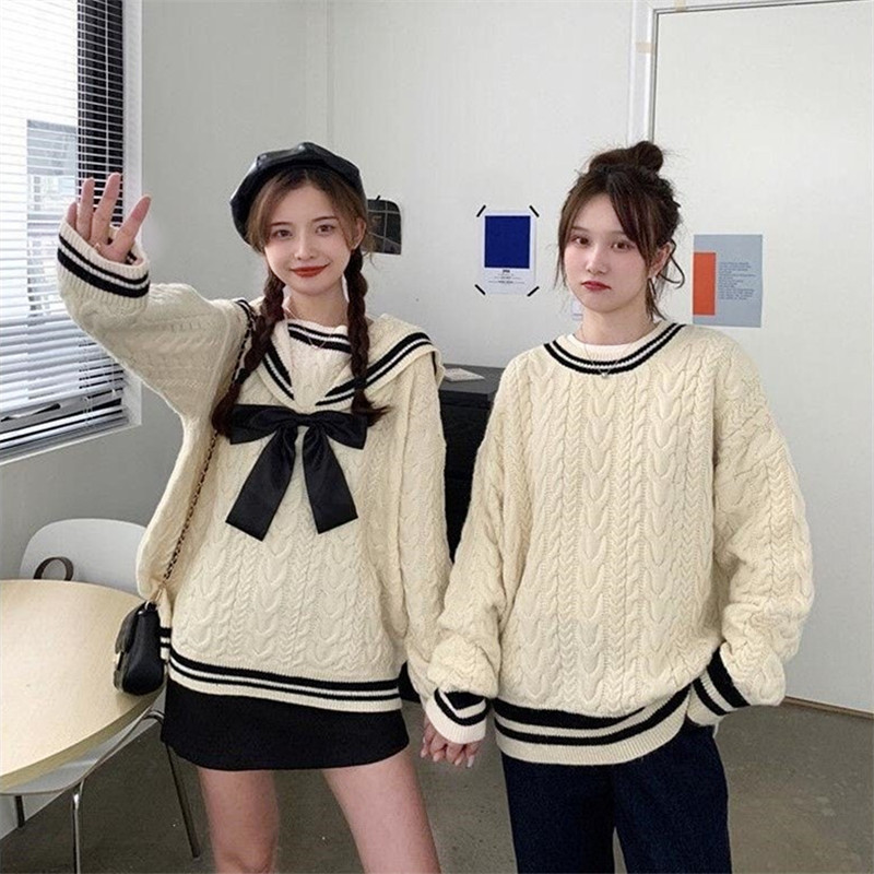 New Couple Autumn and Winter Japanese College Style Round Neck Bow Knitted Sweater Pullover Girlfriend Sweater Women's Top New Couple Autumn and Winter Japanese College Style Round Neck Bow Knitted Sweater Pullover Girlfriend Sweater Women's Top