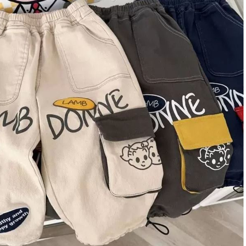 Children's Pants 2025 Autumn New Arrivals Boys and Girls Cute Large Pocket Embroidered Cartoon Woven Pants Stylish Casual Pants