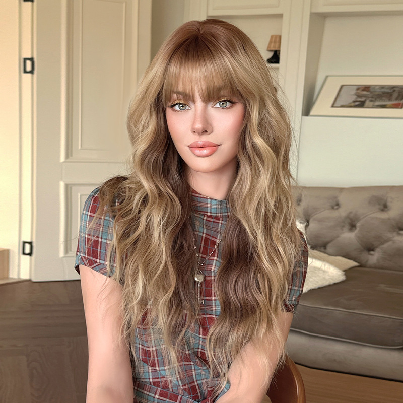 Cross-border wig for women, ombre brown long wavy hair with bangs, natural-looking and voluminous, full head coverage, 24 inches