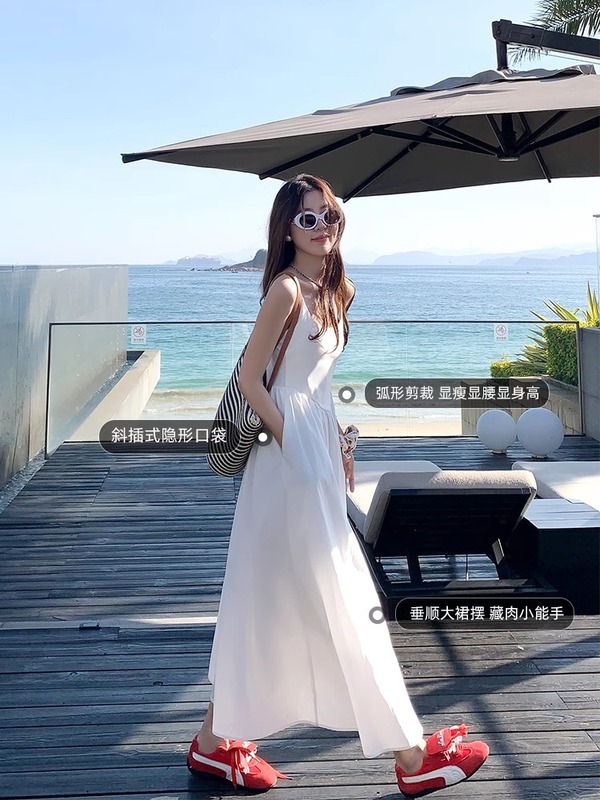3027 #   Zeng Xiaoxian 優しいフレンチホワイトサスペンダードレス夏の海辺の休暇スカートシフォンサスペンダースカート|undefined