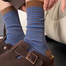 秋冬千鸟格复古百搭针织双针双路堆堆袜简约学院风格纹男女中筒袜