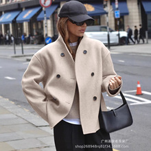 亚马逊跨境外贸新款短款毛呢宽松经典女士纯色双排扣保暖呢子大衣
