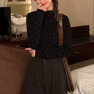 工厂批发甜美软糯波点打底衫上衣女早秋新款百搭气质显瘦长袖t恤