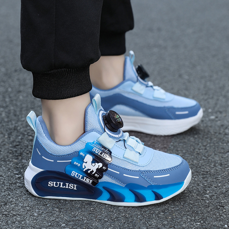 Zapatos giratorios con botones, malla, zapatos deportivos para niños de moda transpirables, 2025 nuevos zapatos para correr para niños, cabello lacio de fábrica