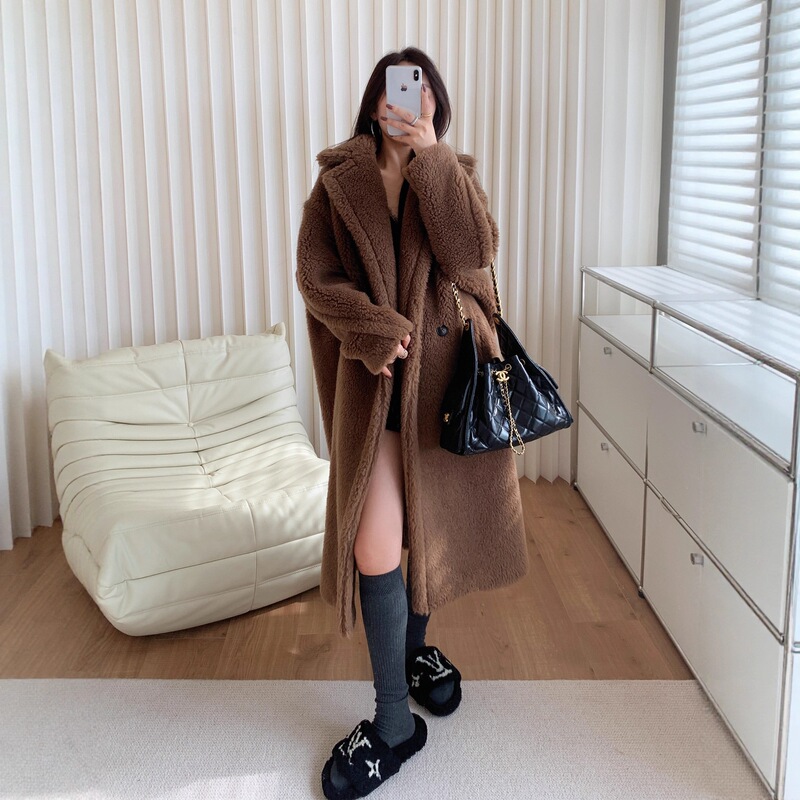M's Teddy Bear Coat 2025 New Winter Melard Mocha Brown Alpaca Fur Coat for Women, Mid-Length