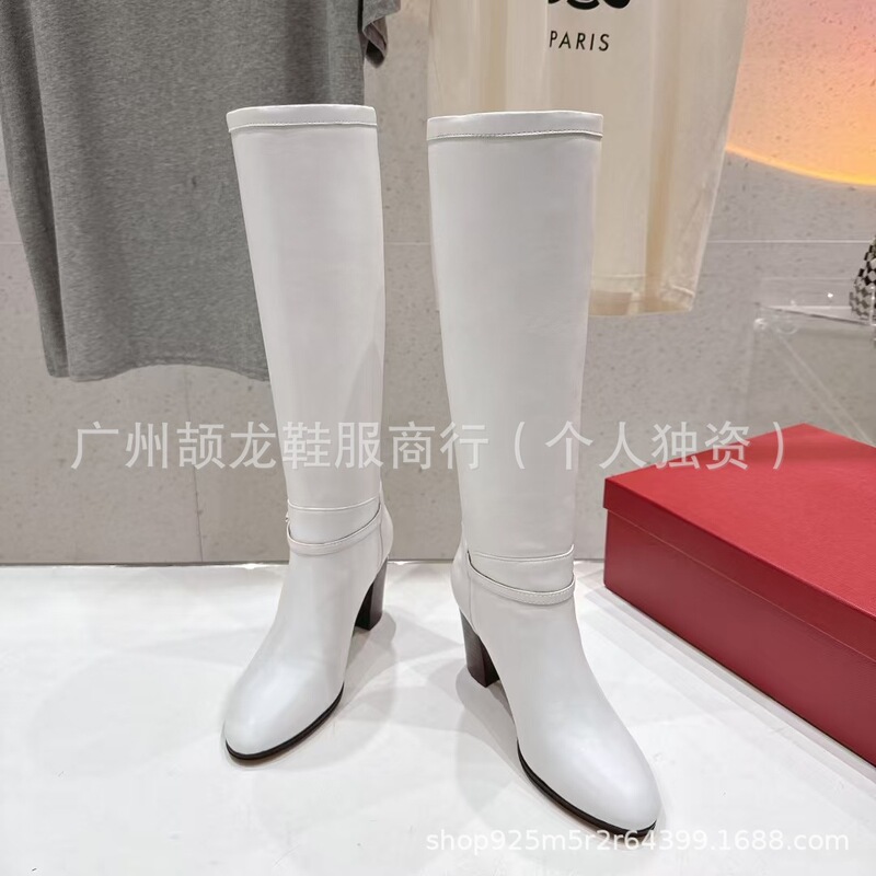 高端2025秋冬真皮圆头木纹粗跟高跟皮带扣侧拉链高筒骑士靴长靴女|undefined