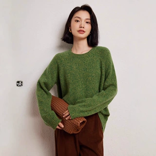 25重磅加厚山羊绒衫女士圆领花纱羊绒毛衣宽松慵懒长袖针织打底衫