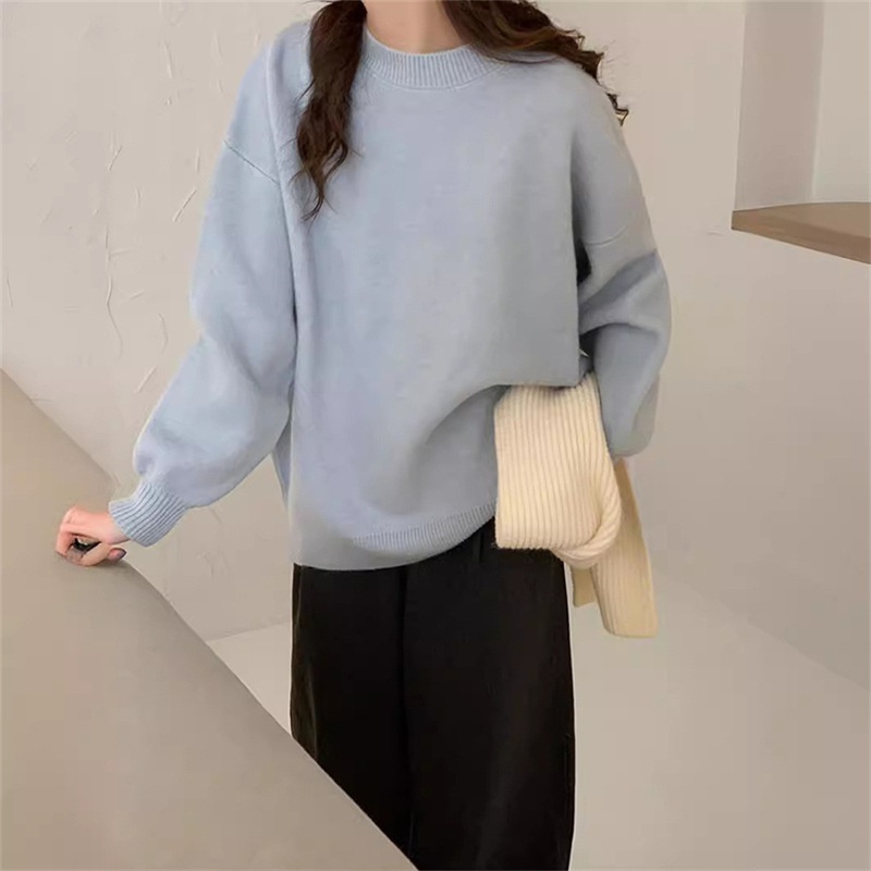 Coreano casual retro color sólido suéter de cuello redondo para mujeres otoño y invierno nuevo estilo de vestir suelta camisa de punto de estilo portugués