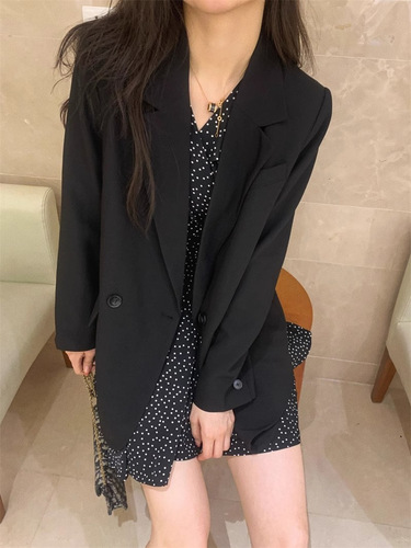 Black Polka Dot Long-Sleeve Shirt Dress for Women, Autumn New Chiffon Collar Short Skirt High-End Word Skirt