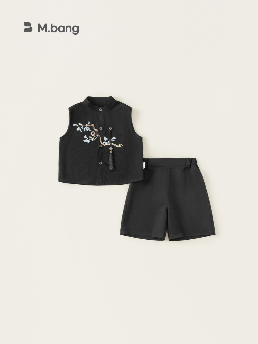 Yoobao ropa infantil para niños set de verano 2025 nuevo niño camiseta bordada de cuello para niños estilo nacional dos piezas set