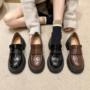 Brown retro British style thick-soled leather shoes for women 2023 new autumn French style dress loafers single-layer shoes