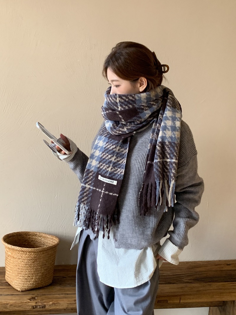 Women's Cashmere Scarf In Retro Blue Thousand Bird Grid Pattern_voghion.com