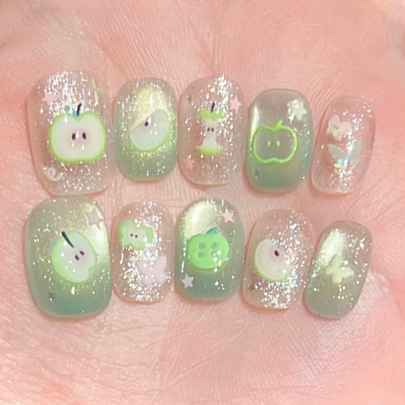 Spring and Summer 2025 New Green Fresh Cat's Eye Short Wear Armor Stereo Green Apple Nail Art Patch