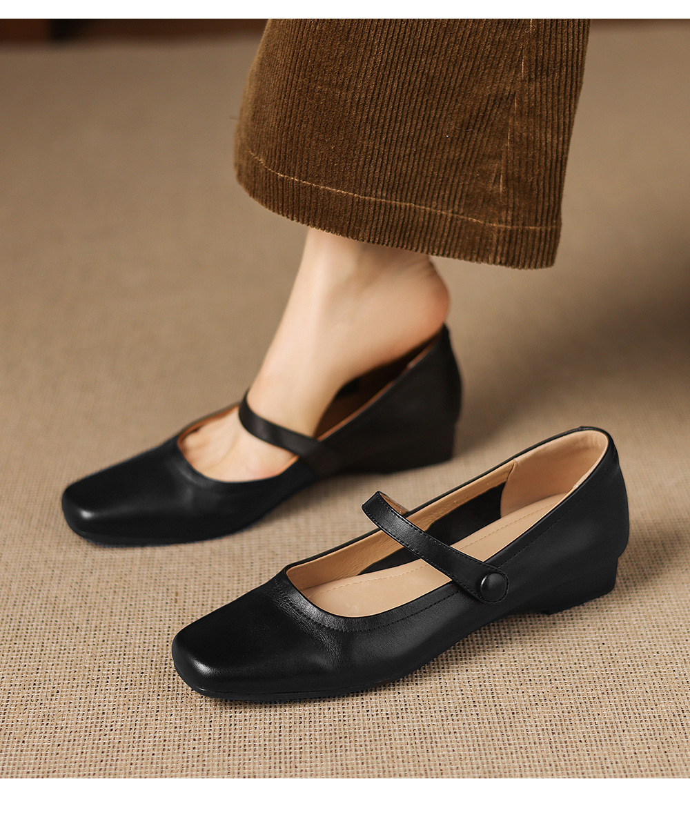 Giày Mary Jane nữ quai ngang khóa, da bò đầu vuông, gót thấp 2 cm, phong cách Pháp cổ điển — đen chi tiết 9