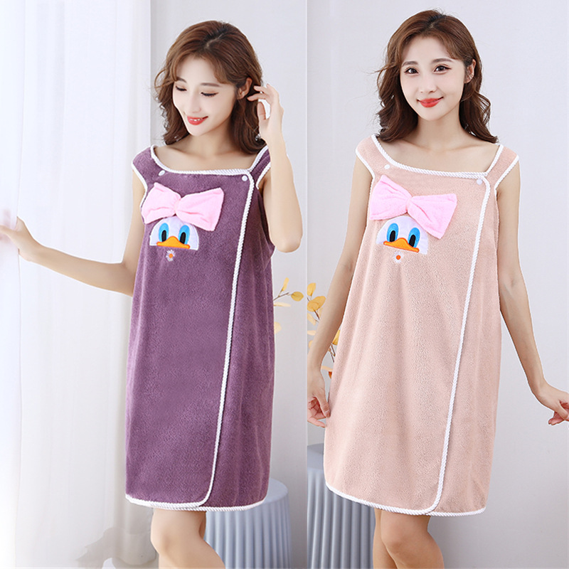 Cartoon bath robe coral velvet wearable soft water-absorbent non-shedding bath towel with straps, household female bath robe, wholesale