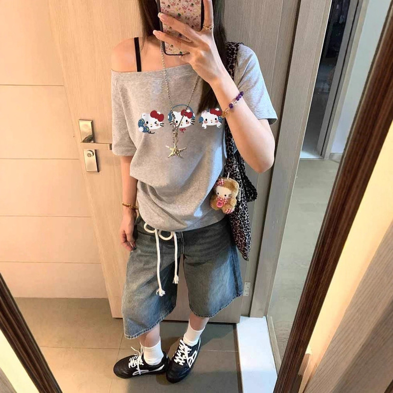 韓国グレーワンショルダーキティ猫プリント斜め肩半袖Tシャツレディース夏新作人気ハイエンドトップ|undefined